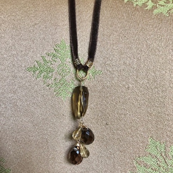 Sophia & Chloe Brown Velvet Gold/Smoky Topaz & Olive Quartz Drop Necklace - Picture 3 of 4